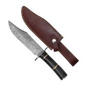 Couteau de chasse lame damas 18 cm manche corne noire